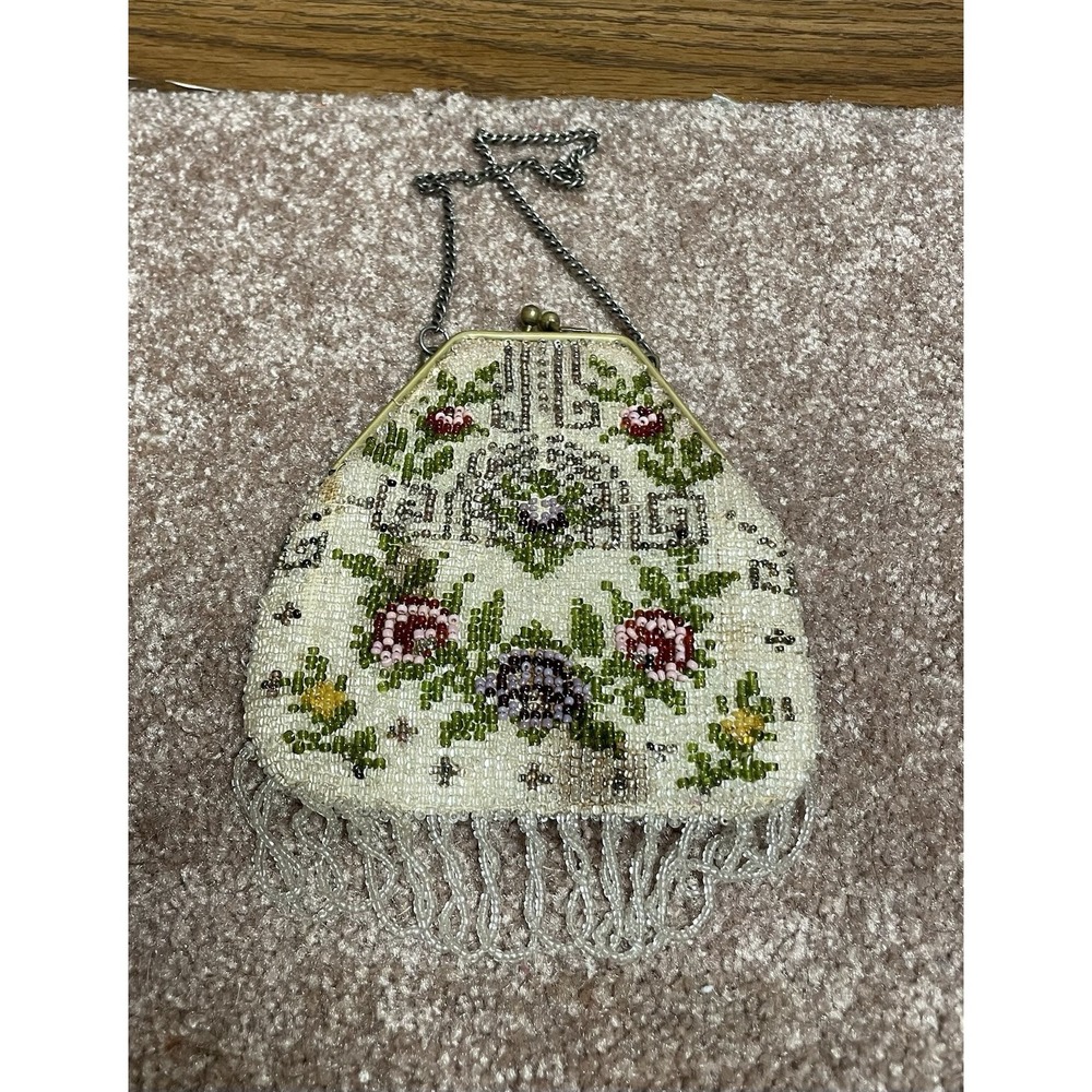 Vintage Seed‎ Beaded 5" Bag Purse Coin Pouch Art Nouveau Floral & Scroll